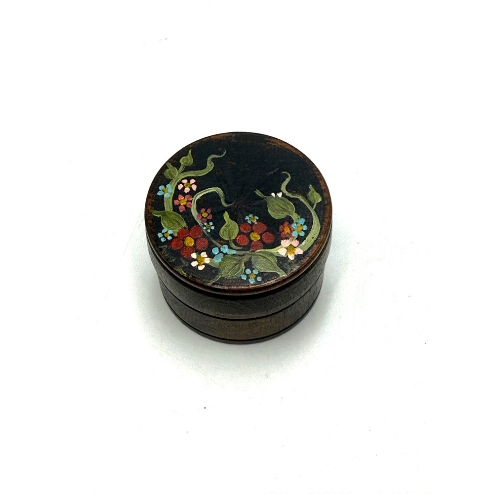 Vintage Hand Painted Wooden Trinket Box Floral Folk Art Round Small Jewelry Case